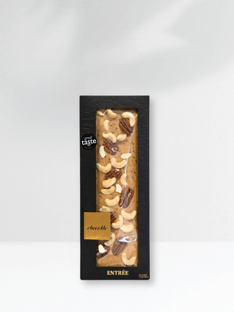 CHOCOME MLIJEČNA ČOKOLADA S PEKAN ORASIMA, KARAMELOM I MORSKOM SOLI 110gr